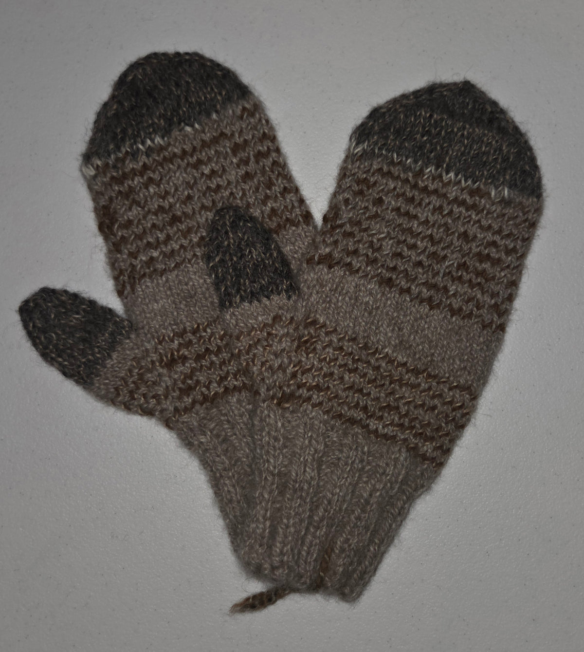 Handknit 100% Alpaca Mittens striped grey/brown adult